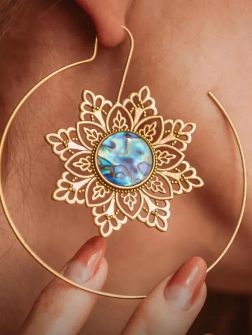 Boheme Gold Brass Mandala Abalone Shell Spiral Hoop Earrings 2"